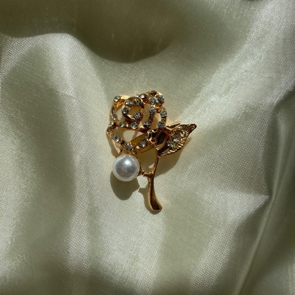 Gold Rose Pin with Pearl & Crystals